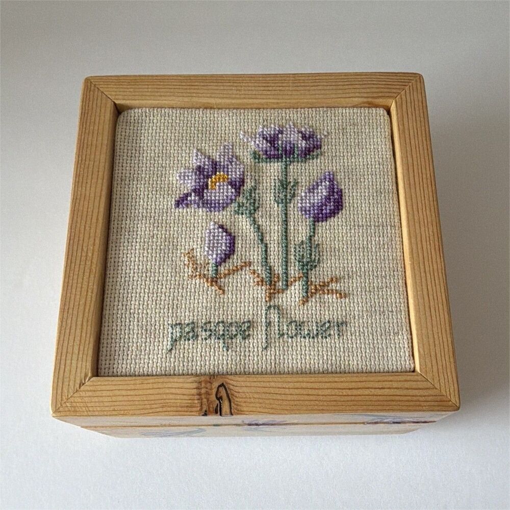 Wood Square Trinket Box Hinged Lid Floral Needlepoint Top Pasque Flower